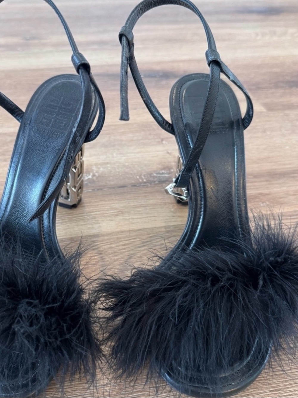 Givenchy Black Feather Trim Slingback Sandals with Metallic Logo Heel